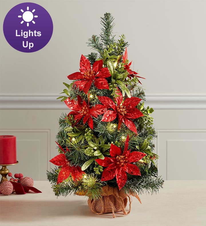 Shimmering Poinsettia Tree with Lights- 18”