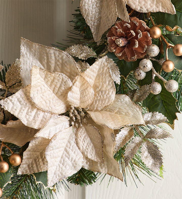 Glittering Ivory Poinsettia Wreath - 22"