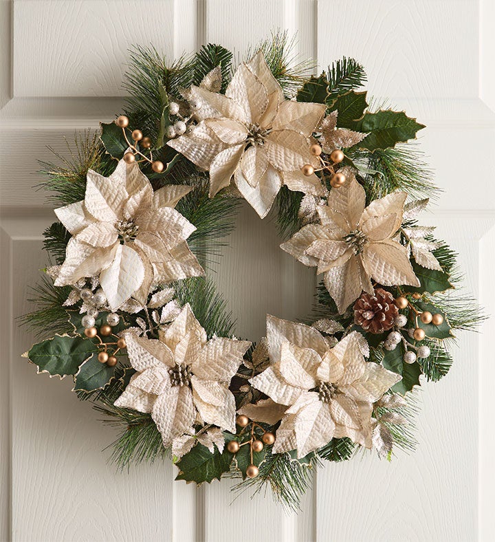 Glittering Ivory Poinsettia Wreath - 22"