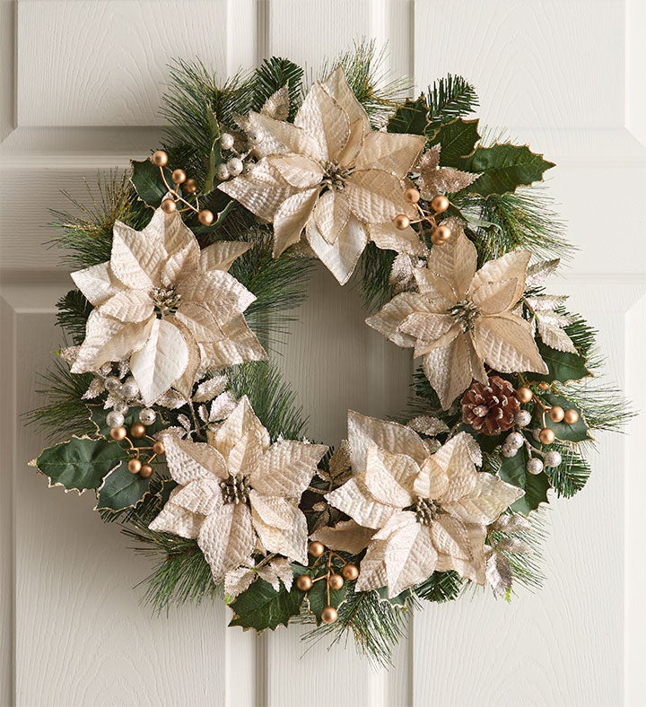 Glittering Ivory Poinsettia Wreath   22"