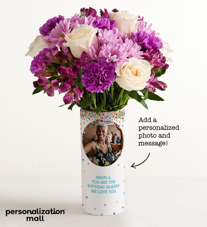 1-800-Flowers Flower Delivery Birthday Confetti Bouquet W/ Personalized Photo Vase W/ Lavender Garden Bouquet