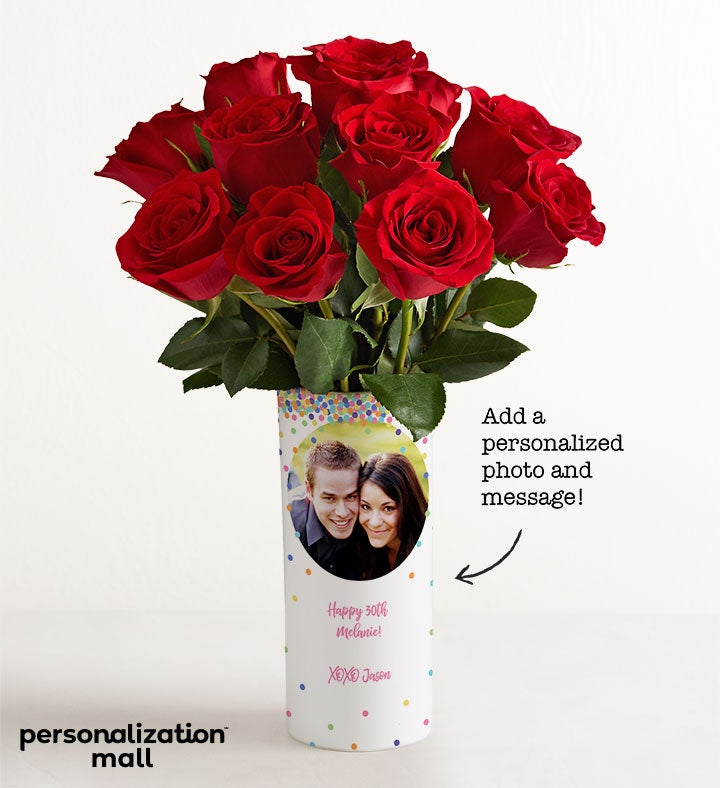 1-800-Flowers Flower Delivery Birthday Confetti Bouquet W/ Personalized Photo Vase W/ One Dozen Red Roses