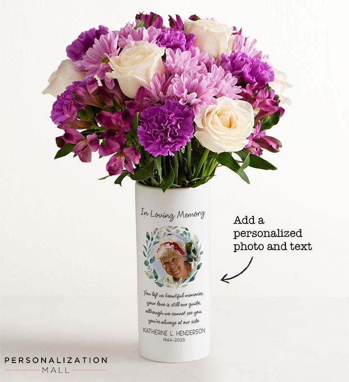 Serene Memorial Bouquet with Personalized Photo Vase