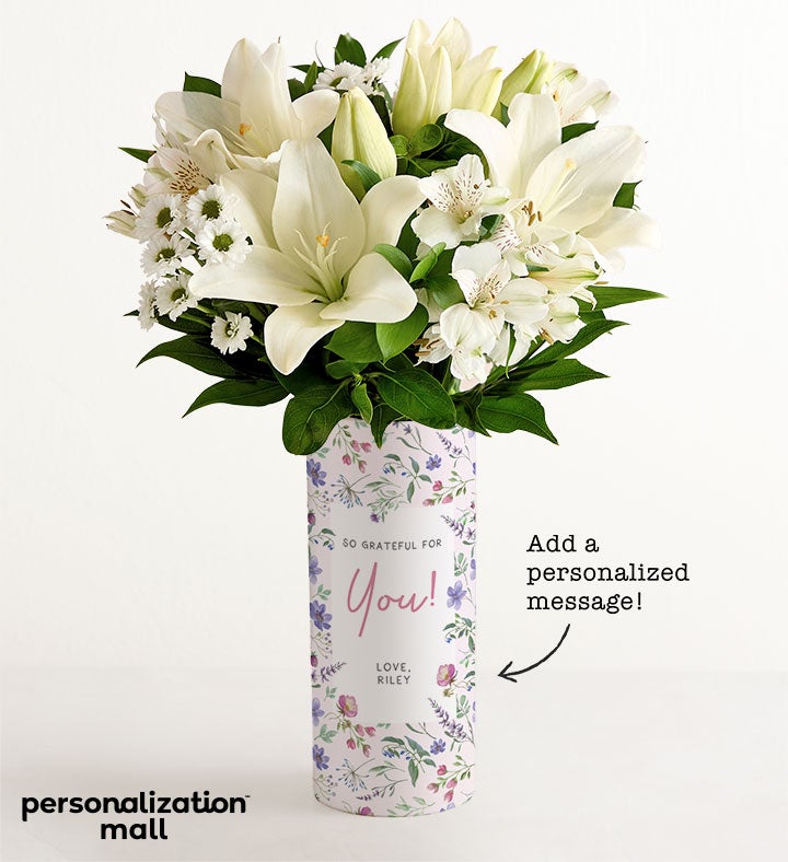 1-800-Flowers Flower Delivery So Grateful For You Bouquet W/ Personalized Vase W/ White Lily Bouquet