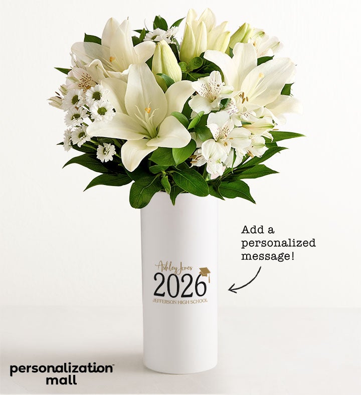 1-800-Flowers Flower Delivery Graduation Bouquet W/ Personalized Vase W/ White Lily Bouquet