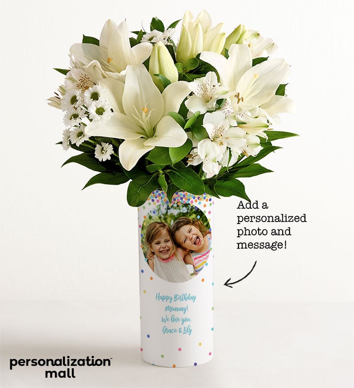 1-800-Flowers Flower Delivery Birthday Confetti Bouquet W/ Personalized Photo Vase W/ White Lily Bouquet