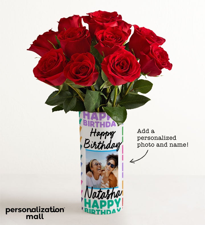 1-800-Flowers Flower Delivery Birthday Celebration Bouquet W/ Personalized Photo Vase W/ One Dozen Red Roses