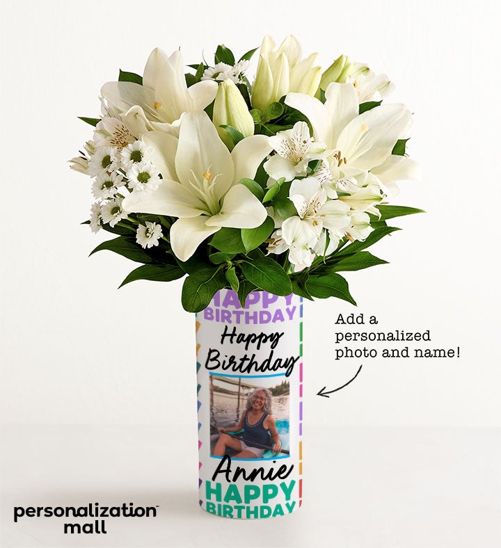1-800-Flowers Flower Delivery Birthday Celebration Bouquet W/ Personalized Photo Vase W/ White Lily Bouquet