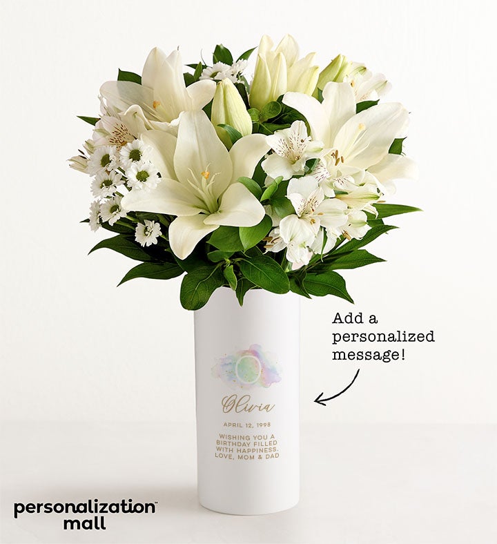 1-800-Flowers Flower Delivery Birthstone Bouquet W/ Personalized Vase W/ White Lily Bouquet