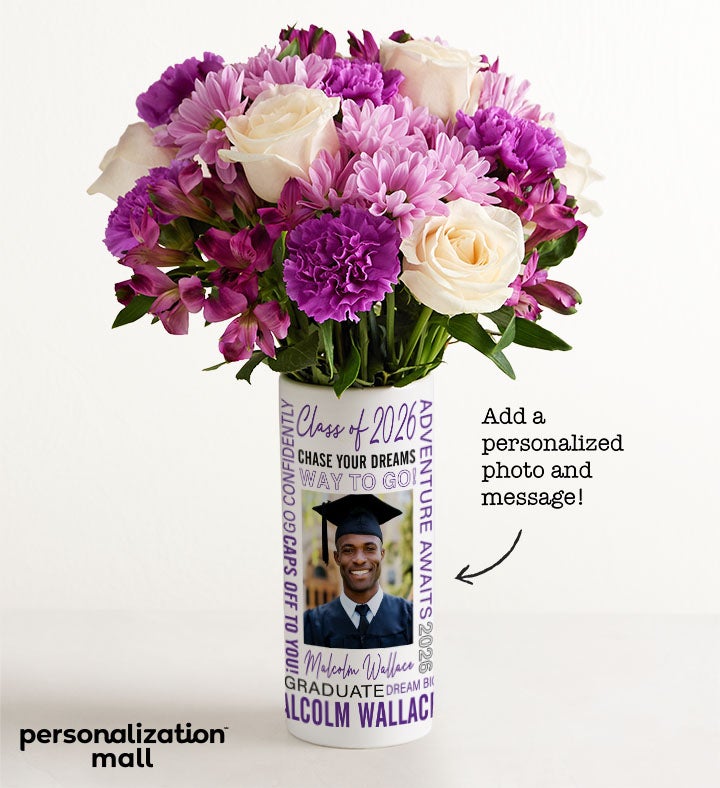 1-800-Flowers Gifts Delivery Graduation Bouquet W/ Personalized Photo Vase Graduation Personalized Photo Vase Lavender Garden