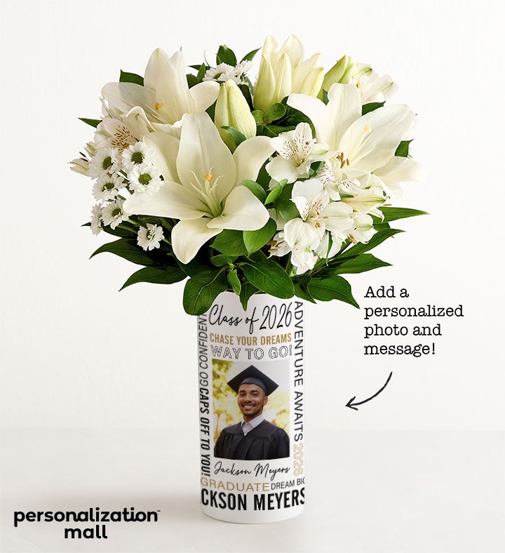 1-800-Flowers Gifts Delivery Graduation Bouquet W/ Personalized Photo Vase Graduation Personalized Photo Vase White Lily