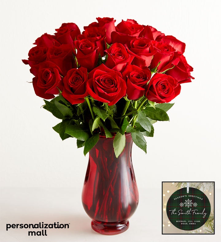 Holiday Plaid Bouquet with Personalized Ornament