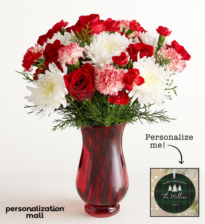 Holiday Plaid Bouquet with Personalized Ornament