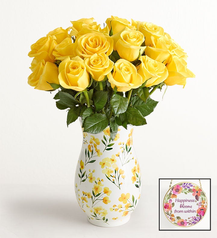 Yellow Roses in Floral Vase | 1800flowers