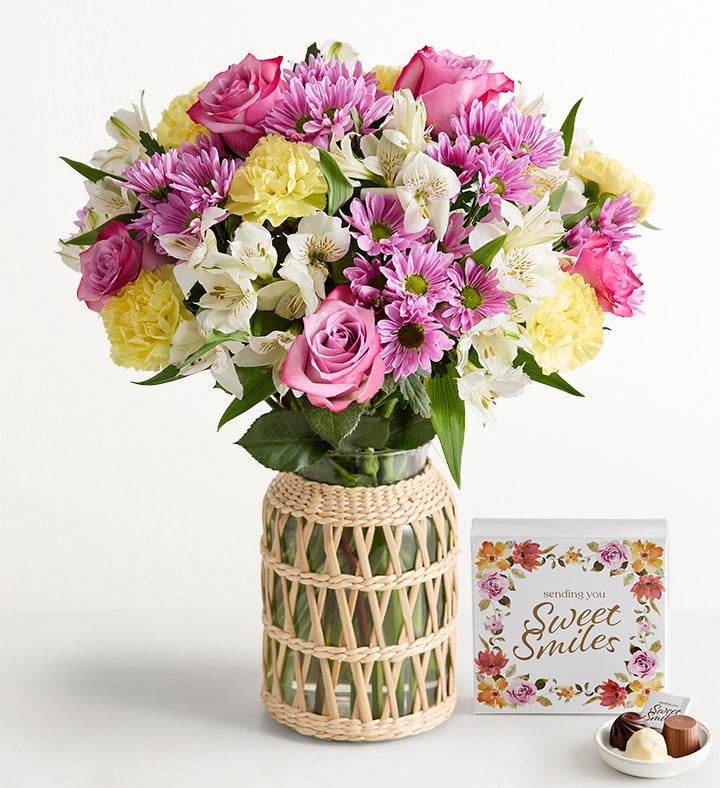 1-800-Flowers Flower Delivery Lavender Light Double Bouquet W/ Wicker Vase & Chocolate