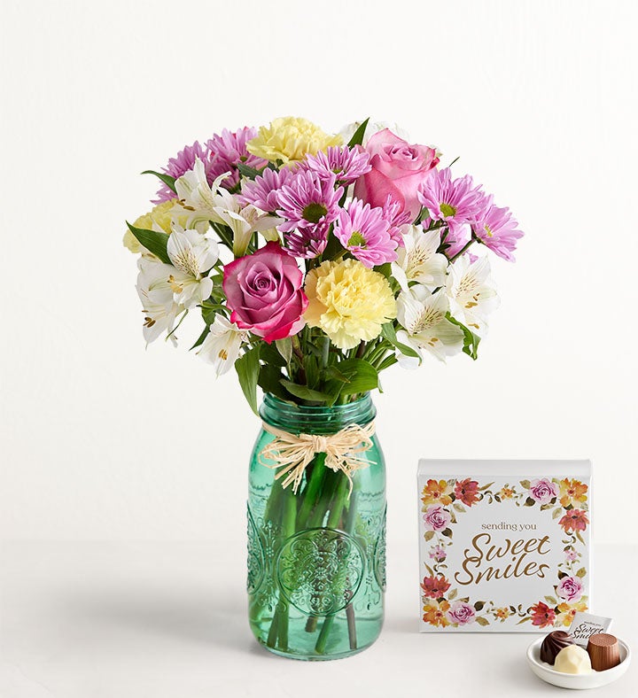 1-800-Flowers Flower Delivery Lavender Light Bouquet W/ Blue Mason Jar & Chocolate
