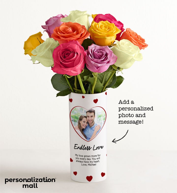 1-800-Flowers Flower Delivery You & Me Bouquet W/ Personalized Photo Vase W/ One Dozen Assorted Roses