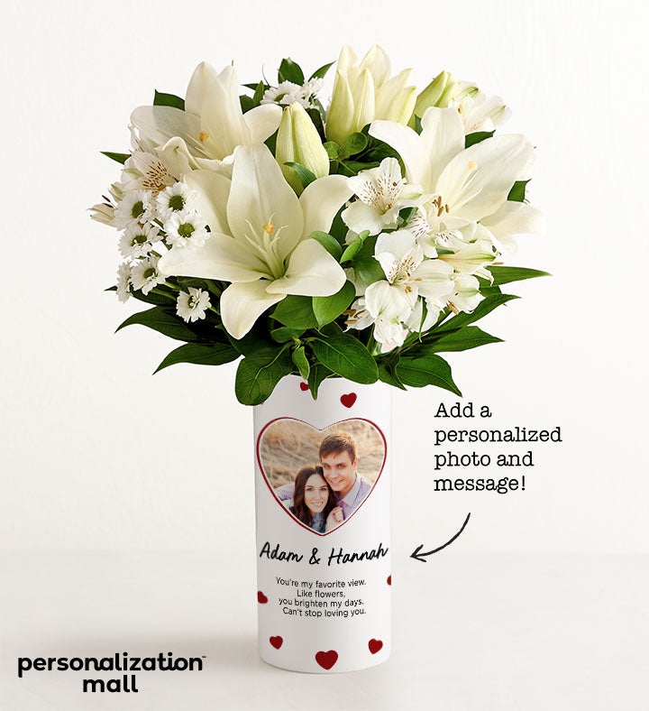 1-800-Flowers Flower Delivery You & Me Bouquet W/ Personalized Photo Vase W/ White Lily Bouquet