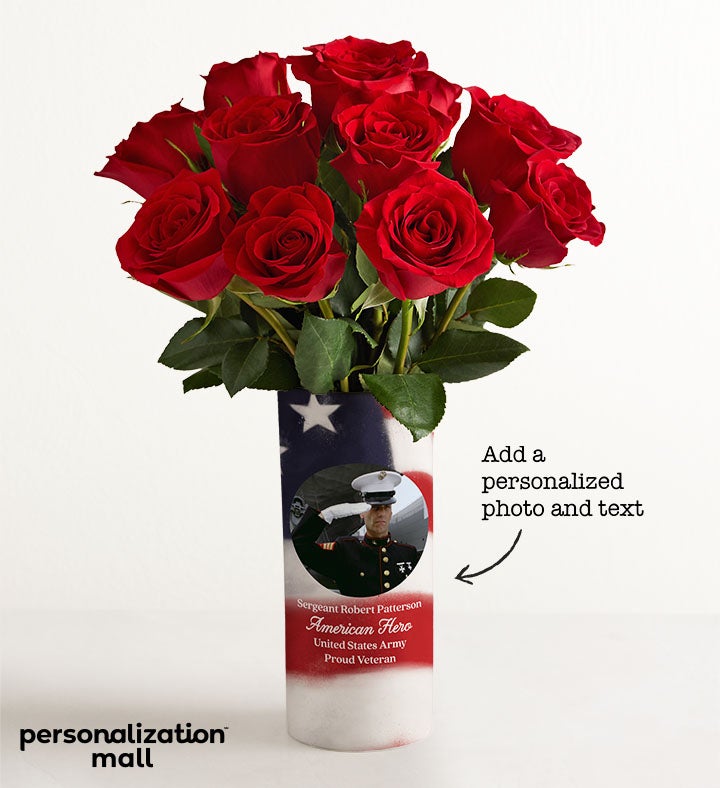 Military Pride Bouquet with Personalized Photo Vase