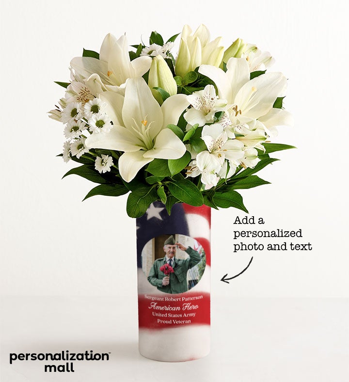 1-800-Flowers Flower Delivery Military Pride Bouquet W/ Personalized Photo Vase W/ White Lily Bouquet