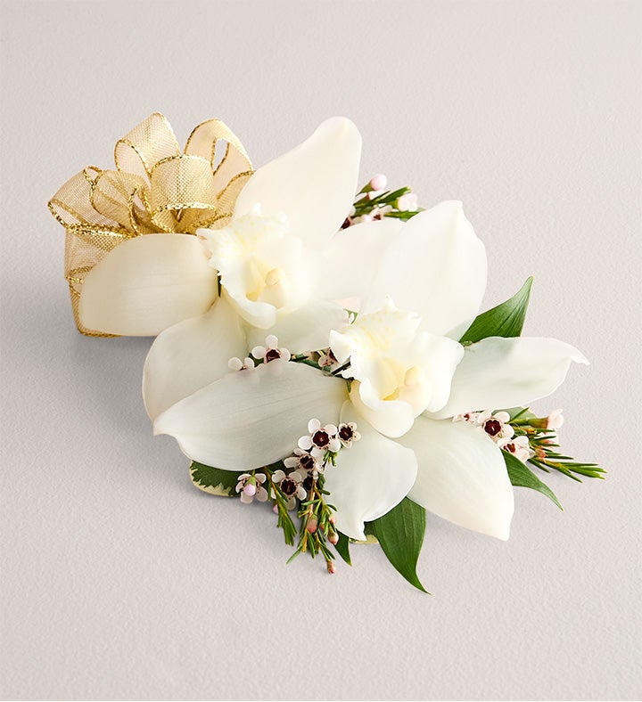 1-800-Flowers Flower Delivery White Cymbidium Orchid Corsage Large Gold Bow