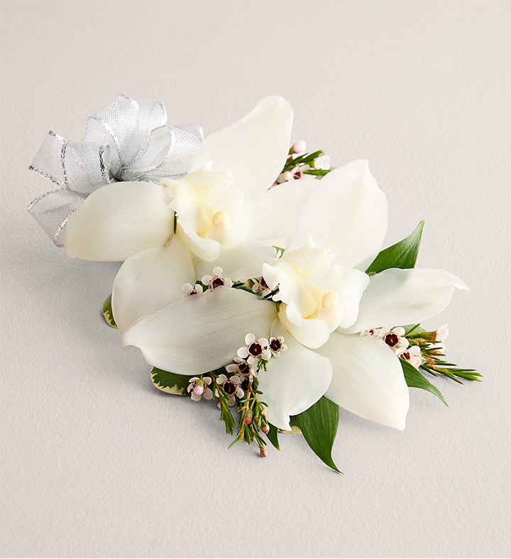 1-800-Flowers Flower Delivery White Cymbidium Orchid Corsage Large Silver Bow