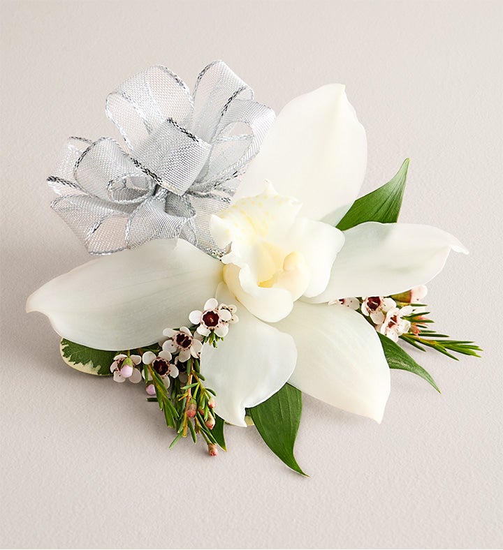 1-800-Flowers Flower Delivery White Cymbidium Orchid Corsage Small Silver Bow