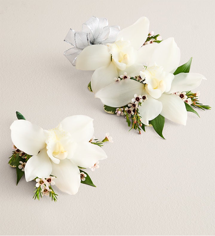 1-800-Flowers Flower Delivery White Cymbidium Orchid Corsage & Boutonniere Large Silver Bow & Boutonniere