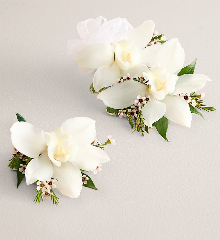 1-800-Flowers Flower Delivery White Cymbidium Orchid Corsage & Boutonniere Large White Bow & Boutonniere