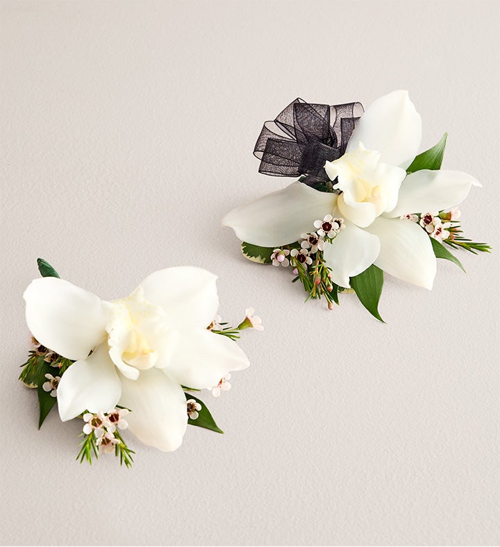 1-800-Flowers Flower Delivery White Cymbidium Orchid Corsage & Boutonniere Small Black Bow & Boutonniere