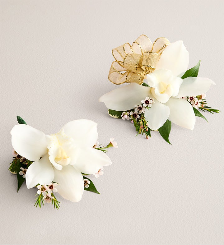 1-800-Flowers Flower Delivery White Cymbidium Orchid Corsage & Boutonniere Small Gold Bow & Boutonniere