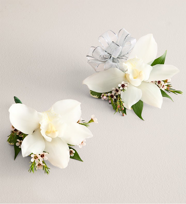 1-800-Flowers Flower Delivery White Cymbidium Orchid Corsage & Boutonniere Small Silver Bow & Boutonniere