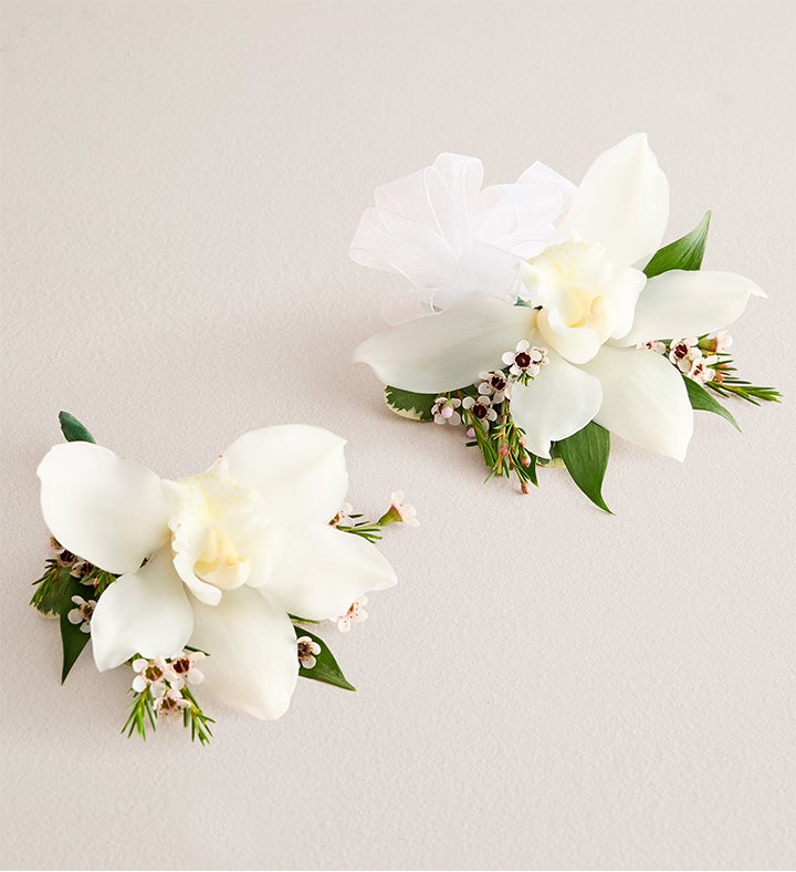 1-800-Flowers Flower Delivery White Cymbidium Orchid Corsage & Boutonniere Small White Bow & Boutonniere
