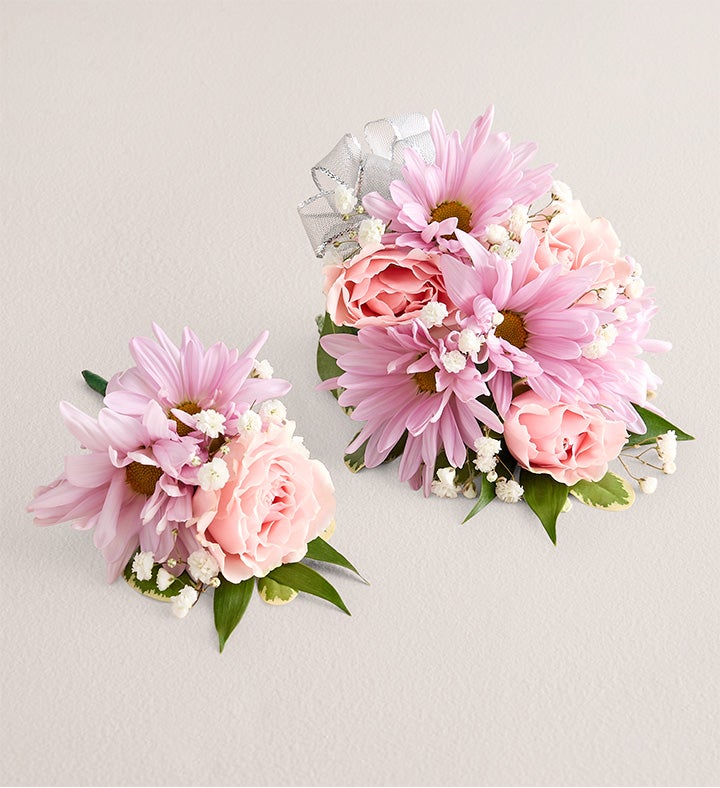 1-800-Flowers Flower Delivery Lavender Daisy & Pink Spray Corsage & Boutonniere Large Silver Bow & Boutonniere