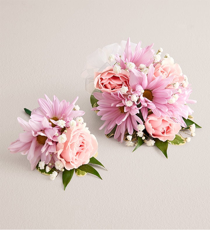 1-800-Flowers Flower Delivery Lavender Daisy & Pink Spray Corsage & Boutonniere Large White Bow & Boutonniere