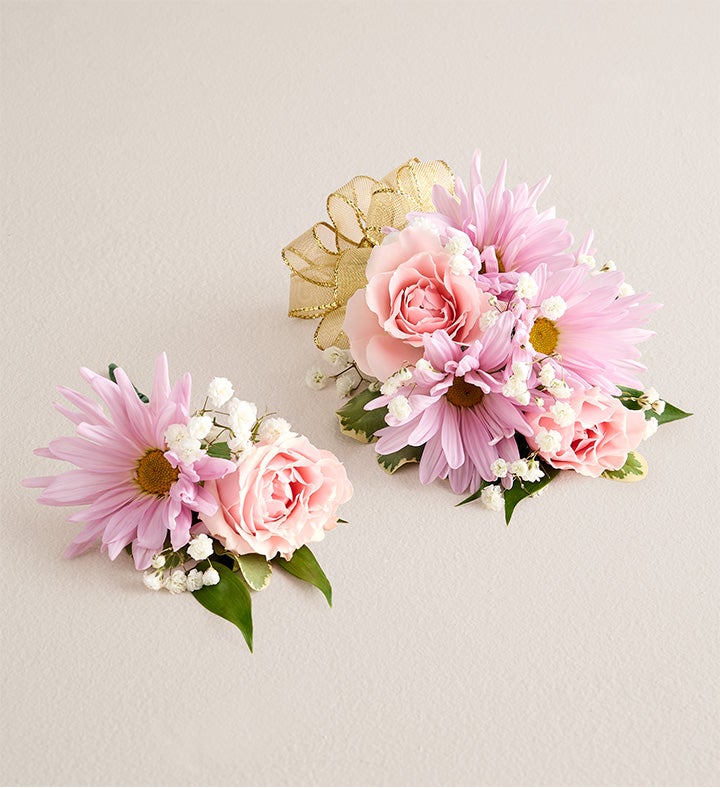 1-800-Flowers Flower Delivery Lavender Daisy & Pink Spray Corsage & Boutonniere Small Gold Bow & Boutonniere