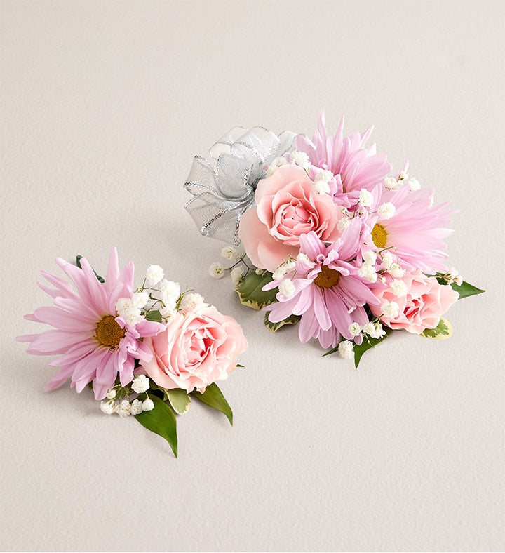 1-800-Flowers Flower Delivery Lavender Daisy & Pink Spray Corsage & Boutonniere Small Silver Bow & Boutonniere