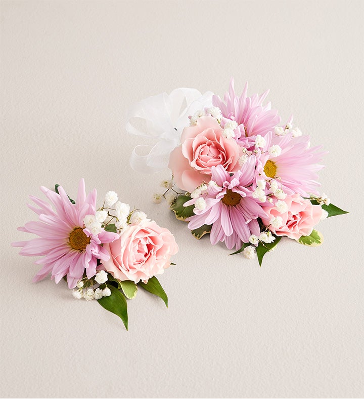 1-800-Flowers Flower Delivery Lavender Daisy & Pink Spray Corsage & Boutonniere Small White Bow & Boutonniere