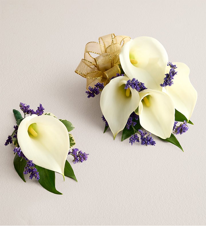 1-800-Flowers Flower Delivery White Mini Calla Corsage & Boutonniere Large Gold Bow & Boutonniere