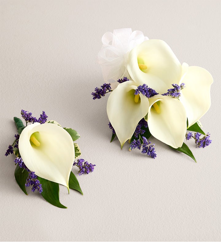 1-800-Flowers Flower Delivery White Mini Calla Corsage & Boutonniere Large White Bow & Boutonniere