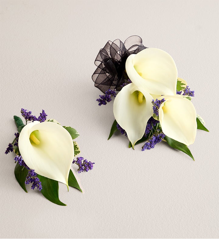 1-800-Flowers Flower Delivery White Mini Calla Corsage & Boutonniere Small Black Bow & Boutonniere