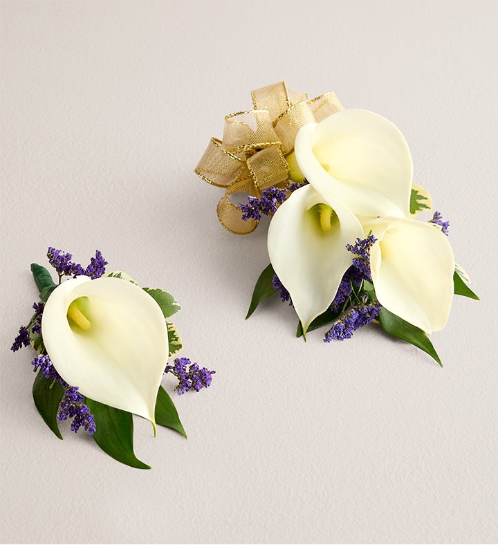 1-800-Flowers Flower Delivery White Mini Calla Corsage & Boutonniere Small Gold Bow & Boutonniere