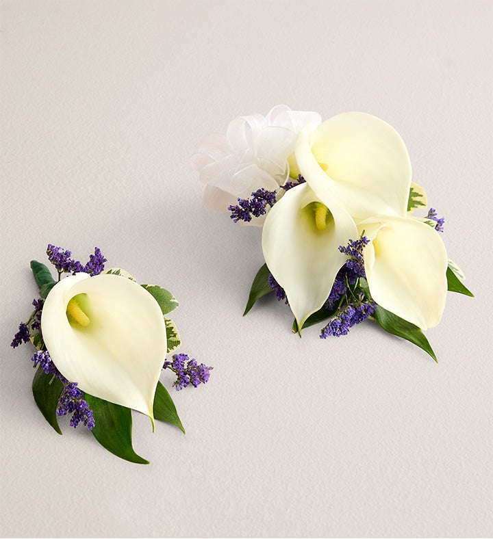 1-800-Flowers Flower Delivery White Mini Calla Corsage & Boutonniere Small White Bow & Boutonniere