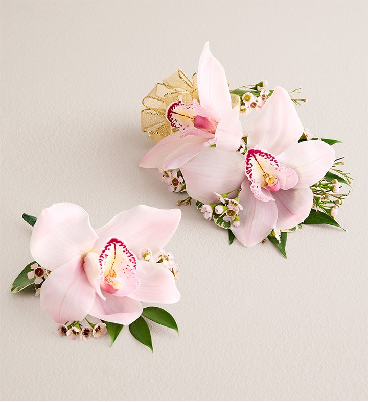 1-800-Flowers Flower Delivery Pink Cymbidium Orchid Corsage & Boutonniere Large Gold Bow & Boutonniere