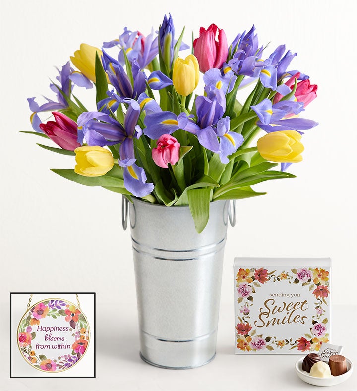 1-800-Flowers Flower Delivery Fanciful Spring Tulip & Iris Bouquet W/ French Flower Pail, Suncatcher & Chocolate