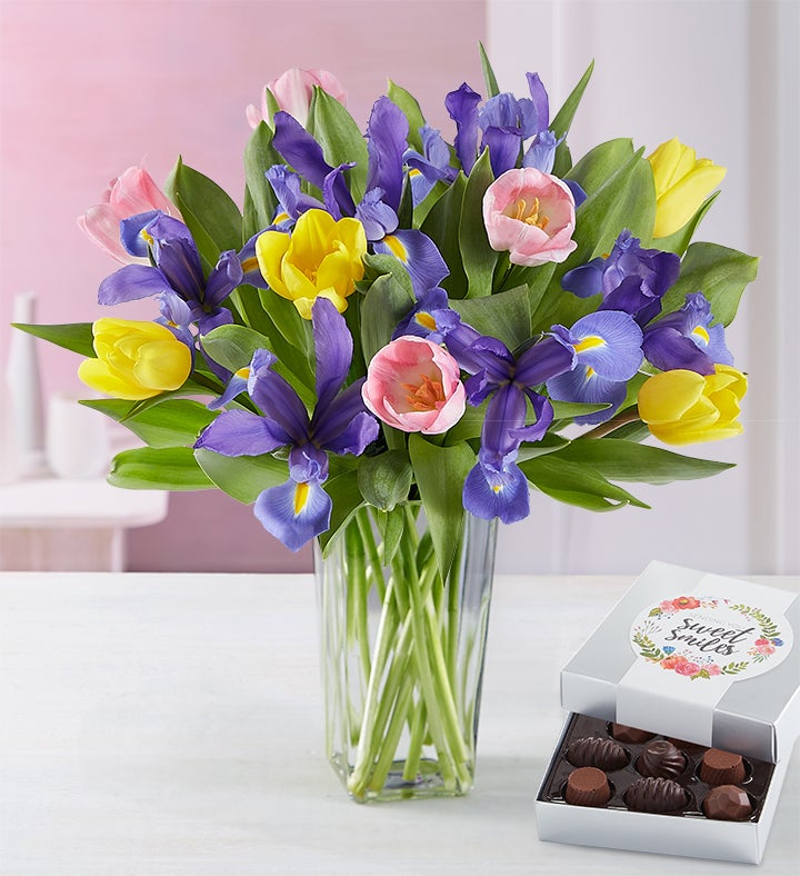 Fanciful Spring Tulip & Iris Bouquet + Free Vase