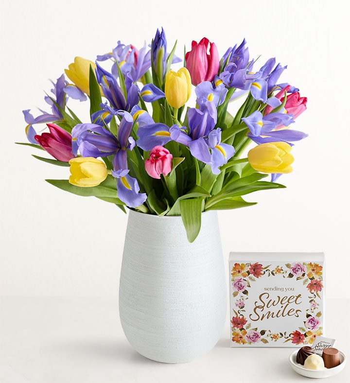 Tulip and Iris Bouquet with Chocolate