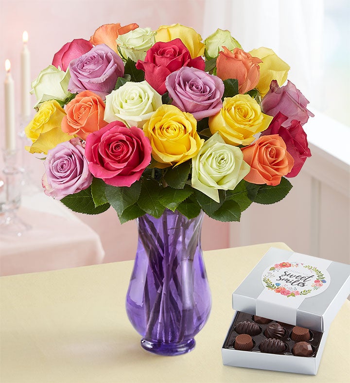 One Dozen Rainbow Roses with Birthday Pick