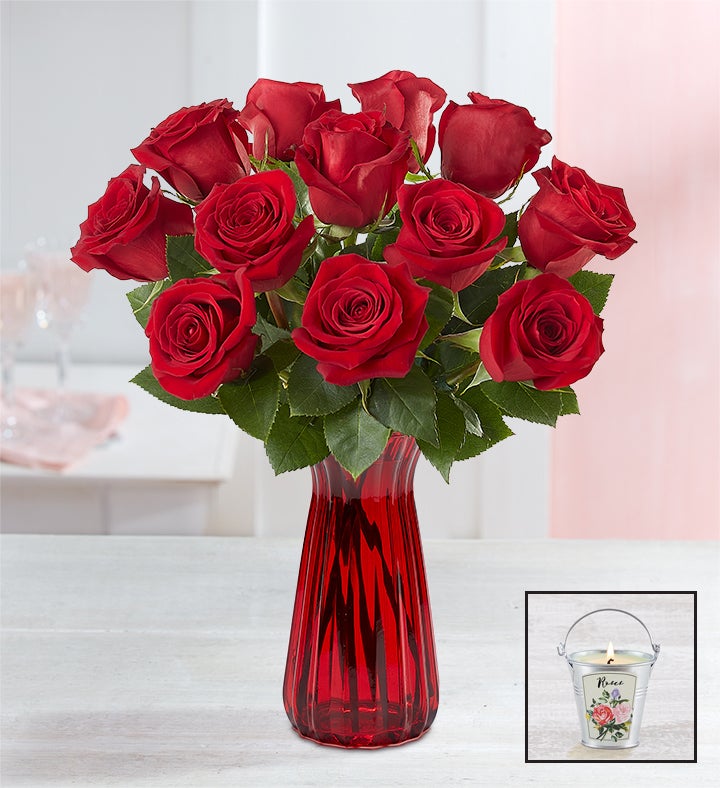 One Dozen Red Roses + Free Candle