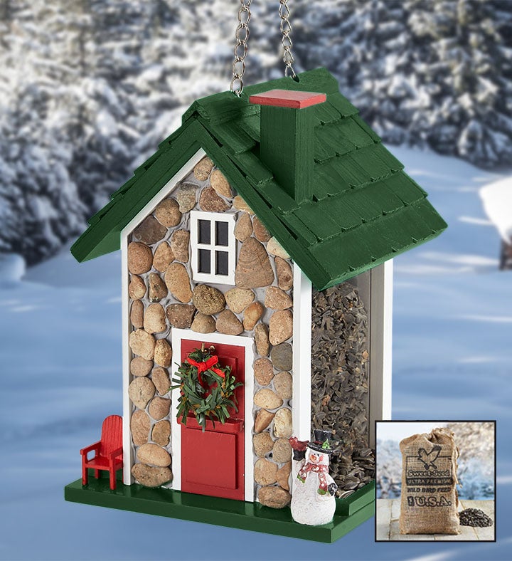 Festive Holiday Fieldstone Birdfeeder With Seed